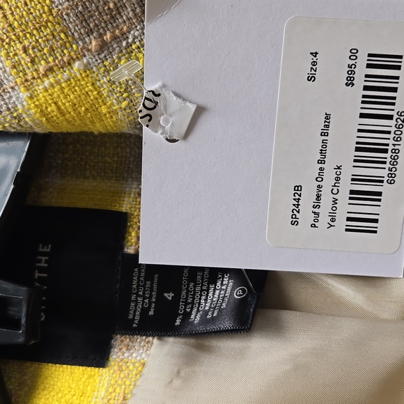 NWT Smythe Pouf Sleeve Yellow Check Blazer Sizes 4 & 6 Retail $895 - Picture 10 of 10
